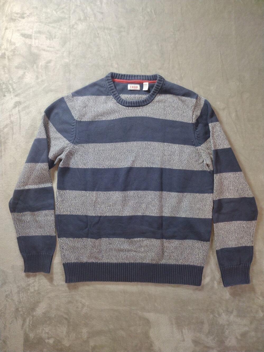 Vtg IZOD Sweater Mens L Heather Blue Striped Cotton Retro Y2K Eclectic Grandpa